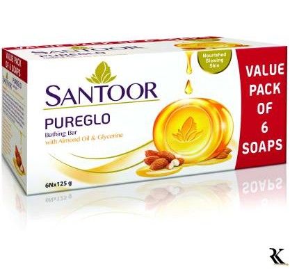 santoor Pureglo almond oil and glycerine bathing bar  (6 x 125 g)